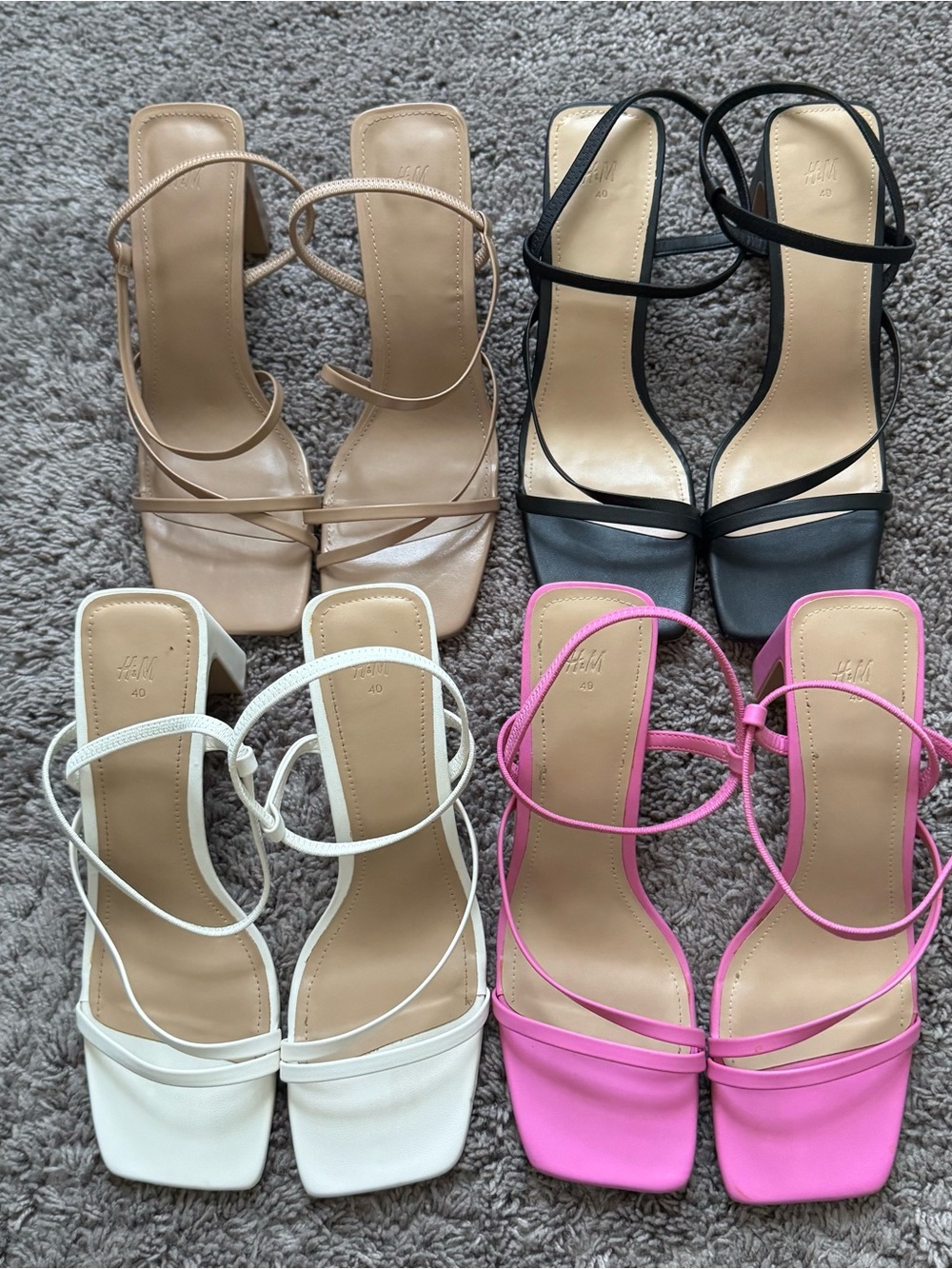 Four H&M Strappy Square-Toe Heeled Sandals - Black, Beige, White, Pink